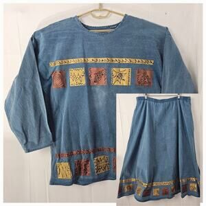 Vintage Denim Outfit 2 Piece Set Large Long Shirt Skirt Jean Blue Fall Leaf Puff